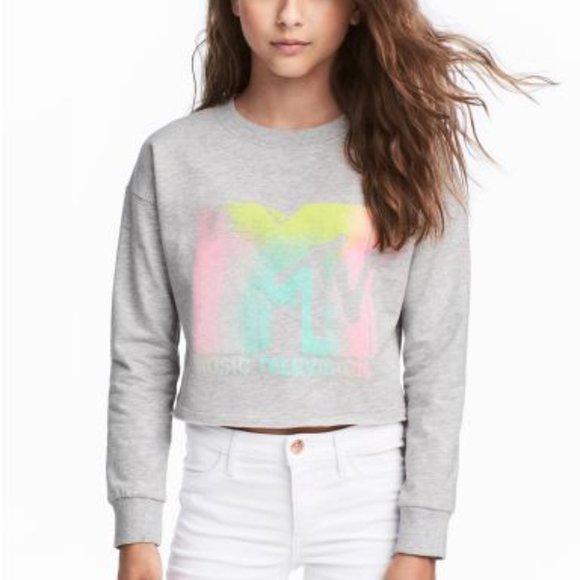 MTV Crop Sweatshirt Gray with Pastel Logo Size 12-14 Kids - Picture 2 of 8